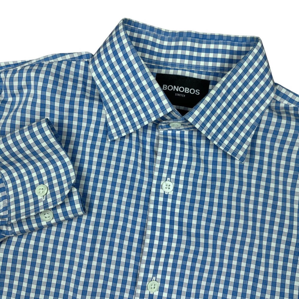 Bonobos Mens Stretch Gingham Button Down Shirt Blue White Standard Fit 16 35